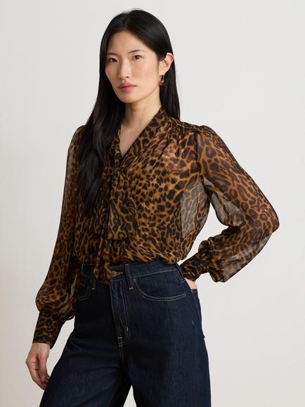Lauren Ralph Lauren Animal Print Semi Sheer Chiffon Blouse, Tan/Multi, Tan Multi