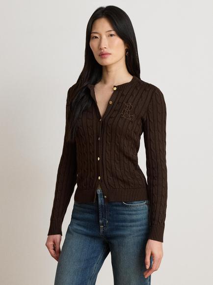 Lauren Ralph Lauren Cable Knit Cotton Blend Cardigan, Circuit Brown, Circuit Brown