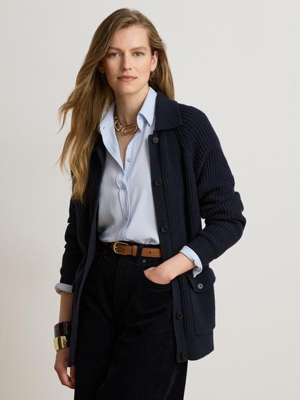 Lauren Ralph Lauren Rib Knit Wool Blend Collar Cardigan, Lauren Navy, Lauren Navy