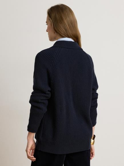 Lauren Ralph Lauren Rib Knit Wool Blend Collar Cardigan, Lauren Navy - view 2, Lauren Navy