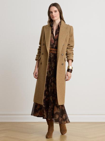 Lauren Ralph Lauren Wool Rich Herringbone Double Breasted Coat, Brown/Tan Multi, Brn/Tan Multi