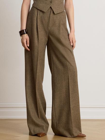 Lauren Ralph Lauren High Rise Wide Leg Check Wool Trousers, Brown/Tan Multi, Brn/Tan Multi
