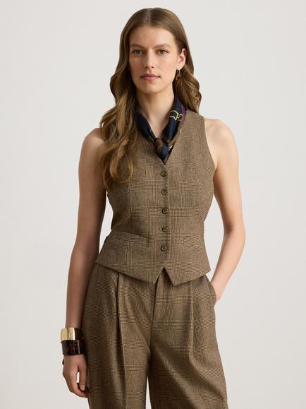 Lauren Ralph Lauren Glen Check Wool Twill Waistcoat, Brown/Tan Multi, Brn/Tan Multi