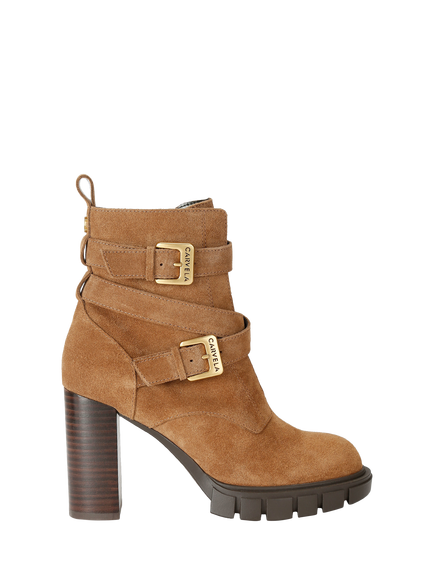Carvela Ignite High Suede Strap Detail Block Heel Ankle Boots, Camel, Camel