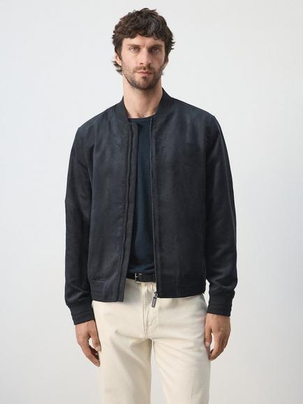 Mango Faux Suede Bomber Jacket, Navy, Navy