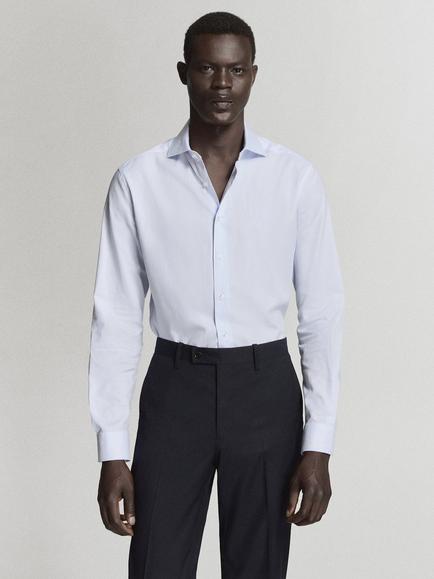 Mango Striped Slim Fit Cotton Shirt, Sky Blue, Sky Blue