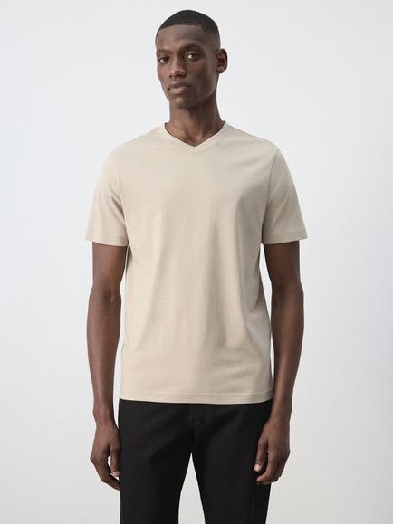 Mango Slim Fit Cotton V-Neck T-Shirt, Sand