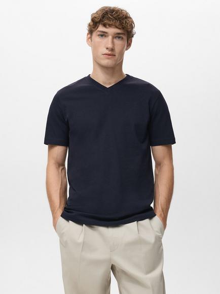 Mango Slim Fit Cotton V-Neck T-Shirt, Navy