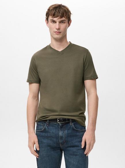 Mango Slim Fit Cotton V-Neck T-Shirt, Khaki