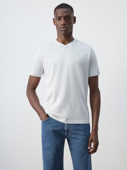 Mango Slim Fit Cotton V-Neck T-Shirt, Aqua