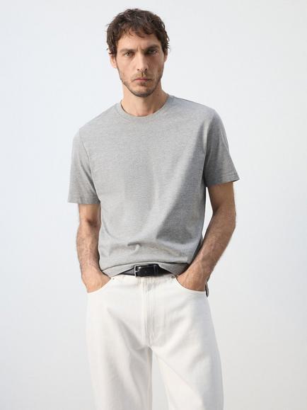 Mango Slim Fit Cotton Rich Crew Neck T-Shirt, Dark Grey Melange, Dark Grey Melange