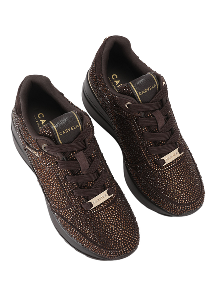 Carvela Divina Embellished Lace Up Trainers, Dark Brown - view 2, Dark Brown