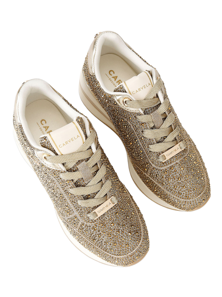 Carvela Divina Embellished Lace Up Trainers, Gold - view 2, Gold