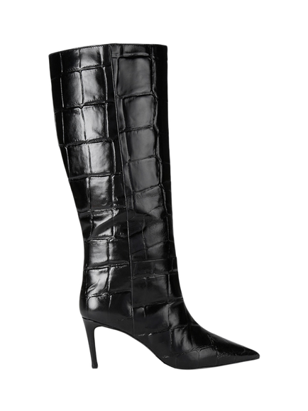 KG Kurt Geiger Strict Croc Effect Leather Stiletto Heel Knee High Boots, Black, Black