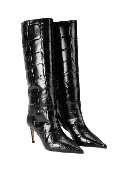 KG Kurt Geiger Strict Croc Effect Leather Stiletto Heel Knee High Boots, Black - view 2, Black