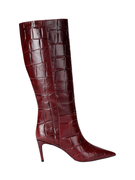 KG Kurt Geiger Strict Croc Effect Leather Stiletto Heel Knee High Boots, Wine, Wine
