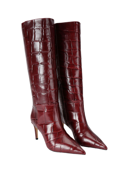 KG Kurt Geiger Strict Croc Effect Leather Stiletto Heel Knee High Boots, Wine - view 2, Wine