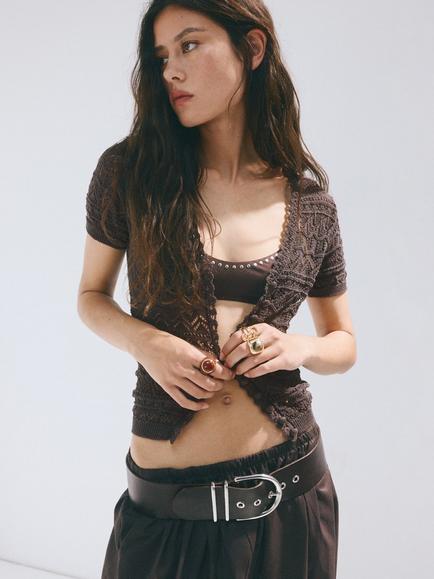 Mango Fine Knit Short Sleeve Cardigan, Chocolate, Chocolate