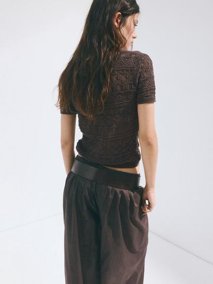 Mango Fine Knit Short Sleeve Cardigan, Chocolate - view 2, Chocolate