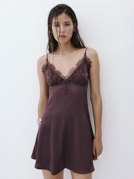 Mango Cut Lace Trim Slip Dress, Purple, Purple