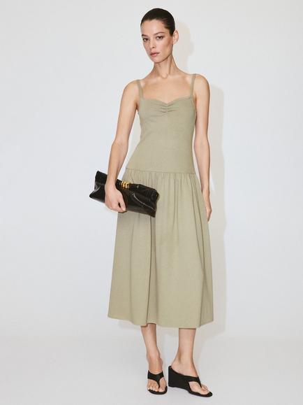 Mango Square Neck Knee-Length Fit Flare Dress, Khaki, Khaki
