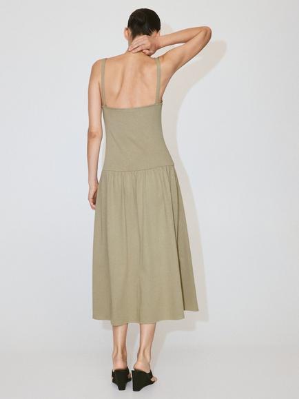Mango Square Neck Knee-Length Fit Flare Dress, Khaki - view 2, Khaki
