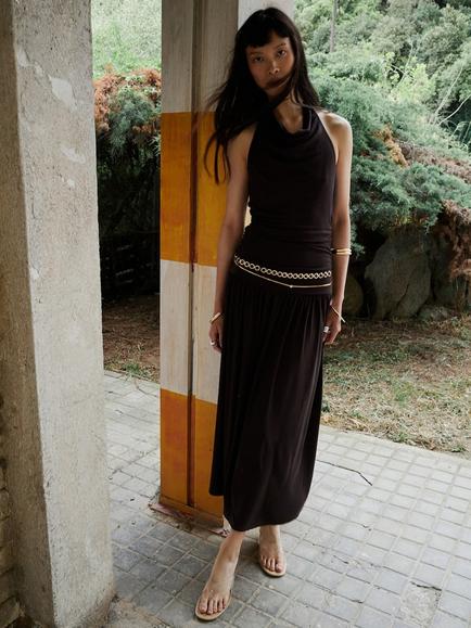 Mango Halterneck Maxi Dress, Brown, Brown