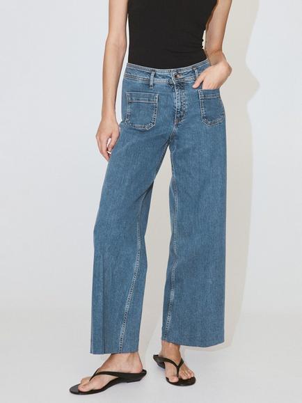 Mango Crease Front Wide Leg Jeans, Mid Blue, Mid Blue