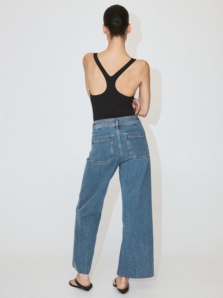 Mango Crease Front Wide Leg Jeans, Mid Blue - view 2, Mid Blue