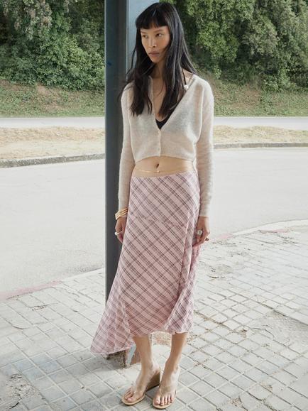 Mango Gingham Asymmetric Midi Skirt, Pink, Pink