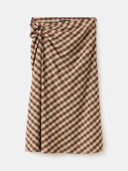 Mango Gingham Gathered Detail Midi Skirt, Chocolate, Chocolate