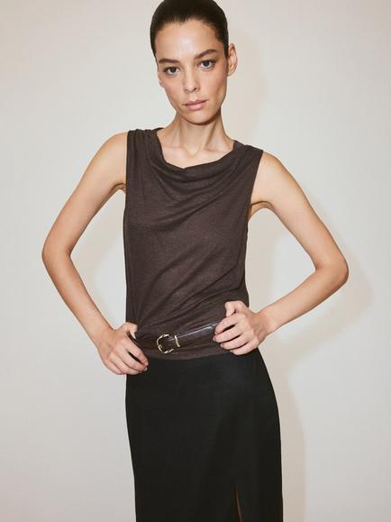 Mango Draped Cowl Neck Linen Top, Brown