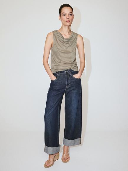Mango Draped Cowl Neck Linen Top, Khaki