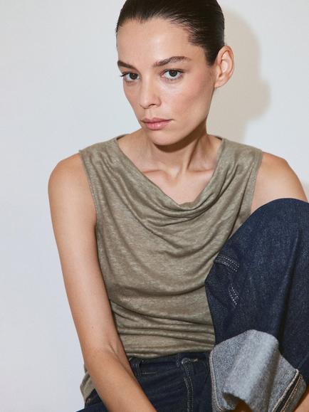 Mango Draped Cowl Neck Linen Top - view 2, Khaki
