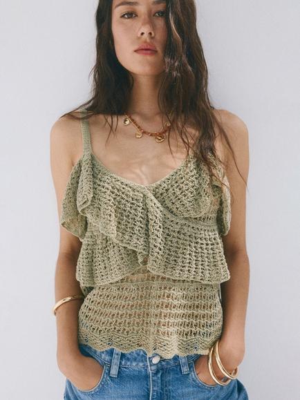 Mango Textured Knit Cami, Pastel Green, Pastel Green