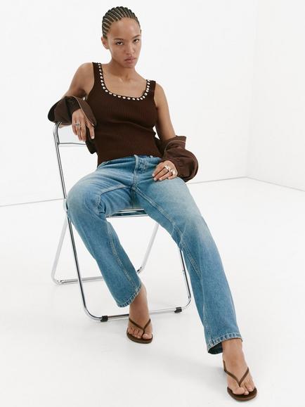 Mango Studded Scoop Neck Cropped Vest, Chocolate, Chocolate