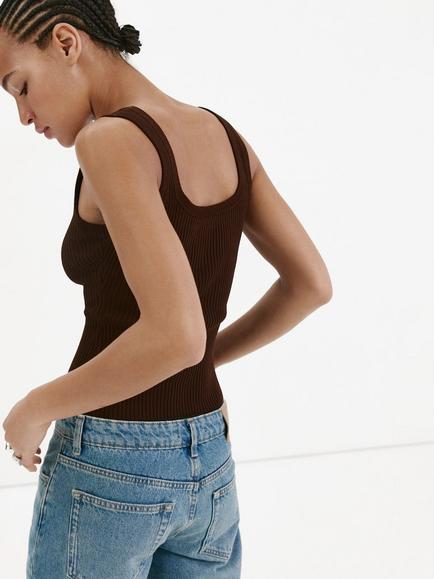 Mango Studded Scoop Neck Cropped Vest, Chocolate - view 2, Chocolate