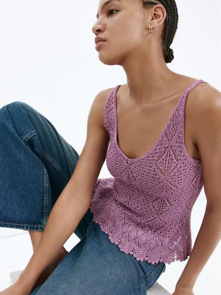 Mango Scoop Neck Crochet Camisole, Purple, Purple