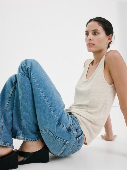 Mango Sleeveless Linen Vest Top, Stone - view 2, Stone