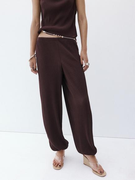 Mango Striped Tapered Harem Trousers, Chocolate, Chocolate