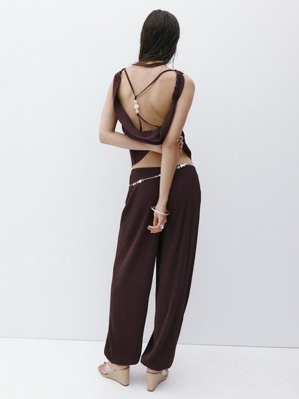 Mango Striped Tapered Harem Trousers, Chocolate - view 2, Chocolate