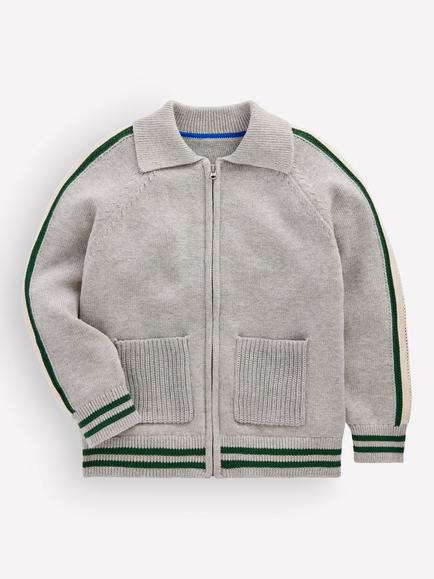Mini Boden Kids' Cotton Zip-Up Varsity Jumper, Grey Marl, Grey Marl