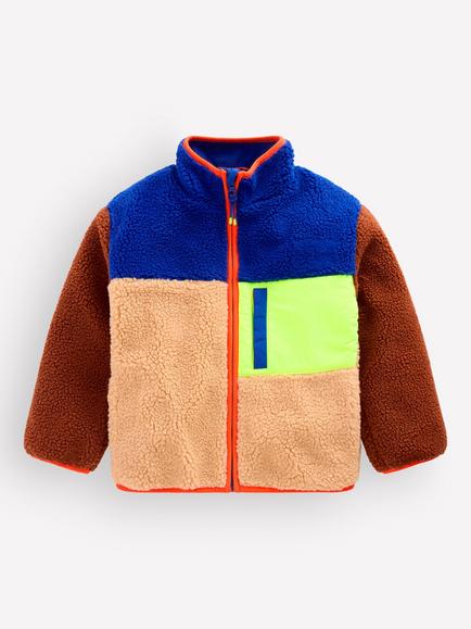 Mini Boden Kids' Borg Colour Block Jacket, Yellow/Multi, Yellow/Multi