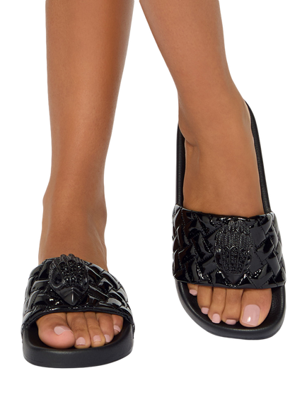 Kurt Geiger London Large Meena Eagle Patent Quilted Sliders, Black - view 2, Black