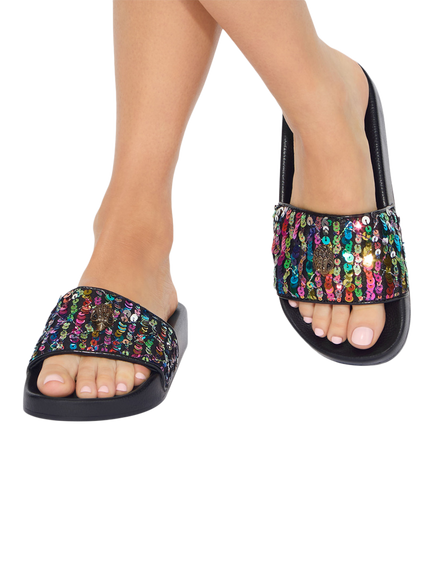 Kurt Geiger London Meena Eagle Rainbow Sequin Sliders, Multi - view 2, Multi