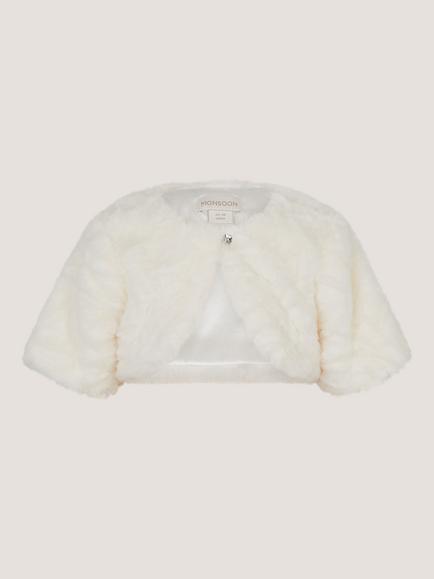 Monsoon Baby Rose Faux Fur Cardigan, Ivory - view 2, Ivory