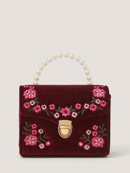 Monsoon Kids' Velvet Floral Embroidered Bag, Burgundy, Burgundy