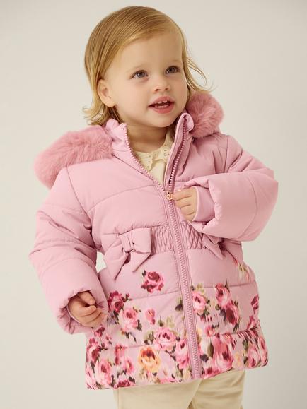 Monsoon Baby Padded Rose Print Coat, Pink, Pink
