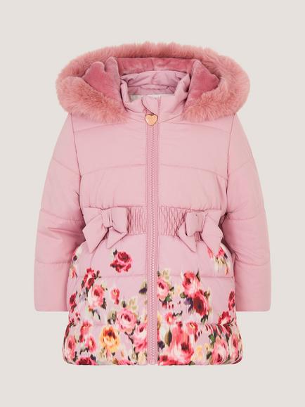 Monsoon Baby Padded Rose Print Coat, Pink - view 2, Pink