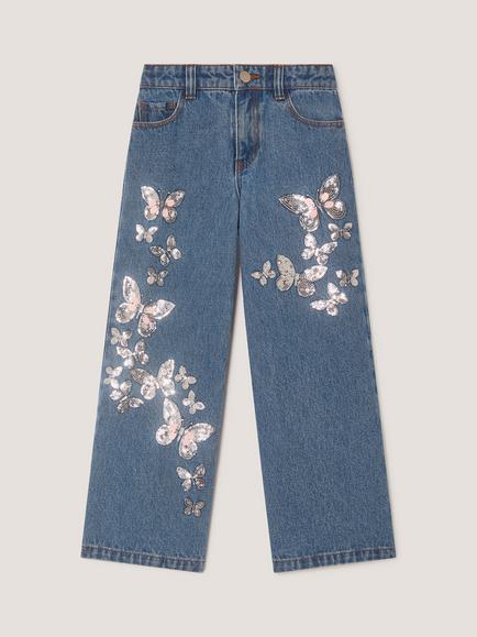 Monsoon Kids' Embellished Butterfly Wide Leg Jeans, Blue, Blue